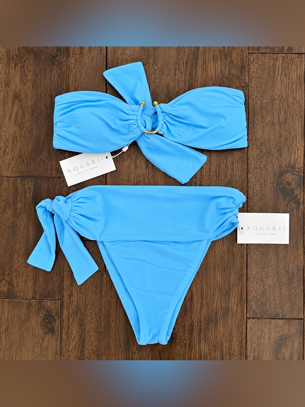 Aquari London Blue Bandeau Bikini Set XS Gold Ring Tie Side NWT